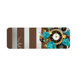 Steampunk Clock and Turquoise Roses on Striped