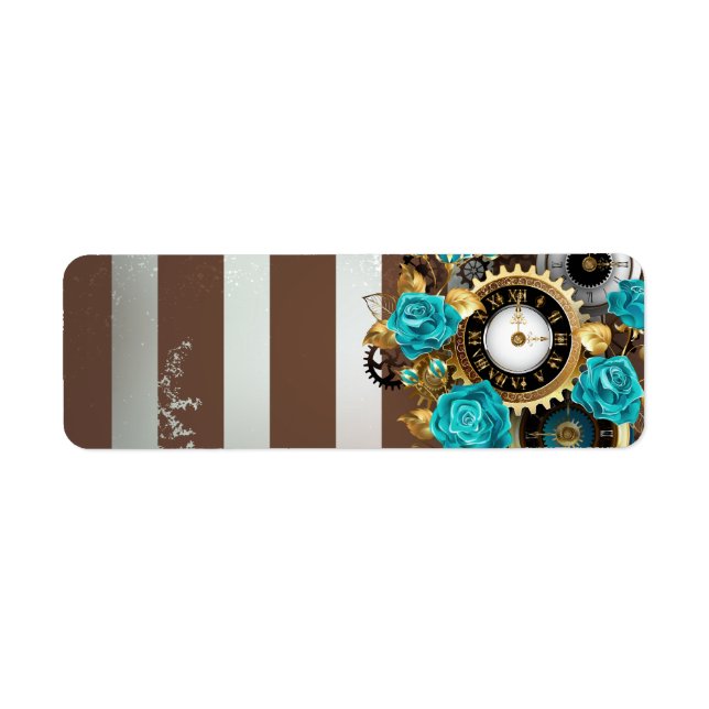 Steampunk Clock and Turquoise Roses on Striped (Front)