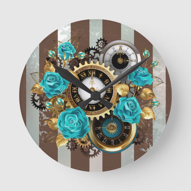 Steampunk Clock and Turquoise Roses on Striped (Front)