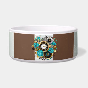 Steampunk Clock and Turquoise Roses on Striped