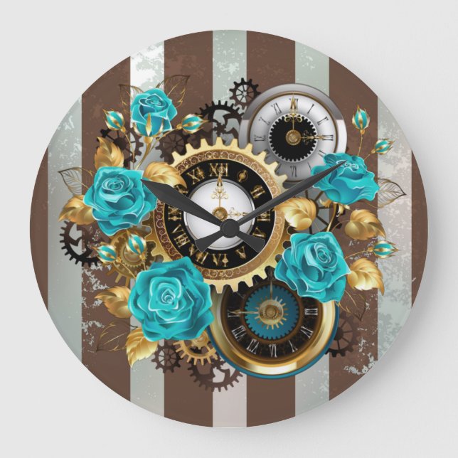 Steampunk Clock and Turquoise Roses on Striped (Front)