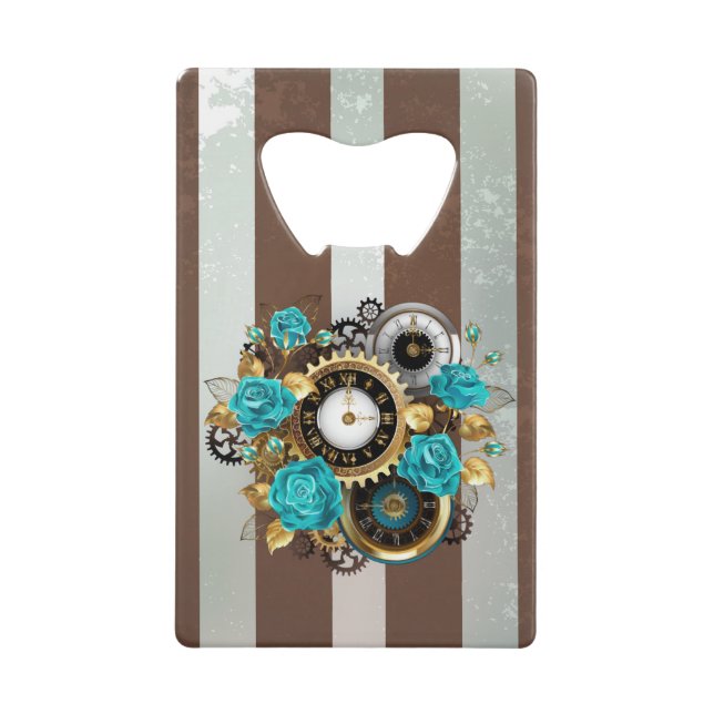 Steampunk Clock and Turquoise Roses on Striped (Front)