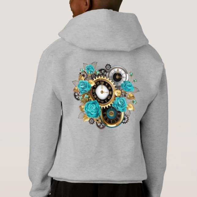 Steampunk Clock and Turquoise Roses on Striped (Back)