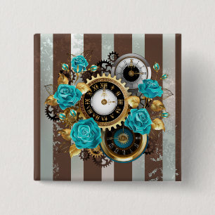 Steampunk Clock and Turquoise Roses on Striped 15 Cm Square Badge