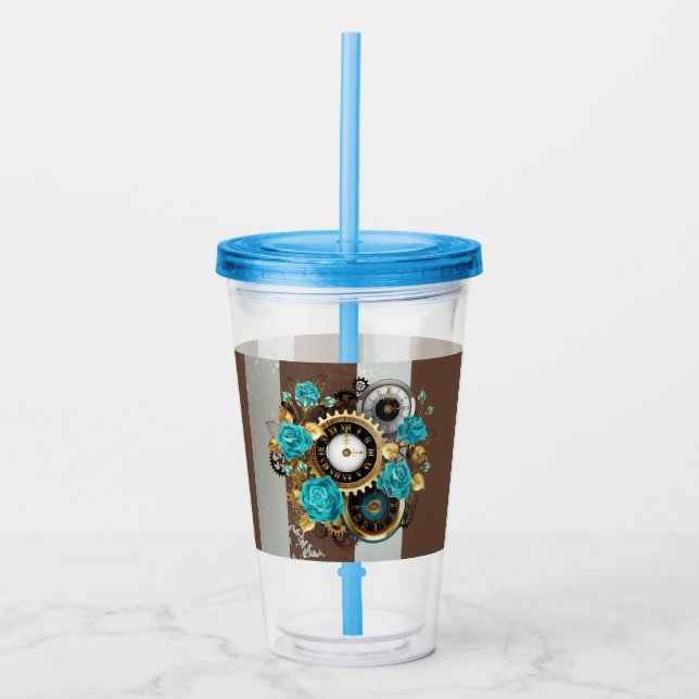 Steampunk Clock and Turquoise Roses on Striped Acrylic Tumbler (Front)