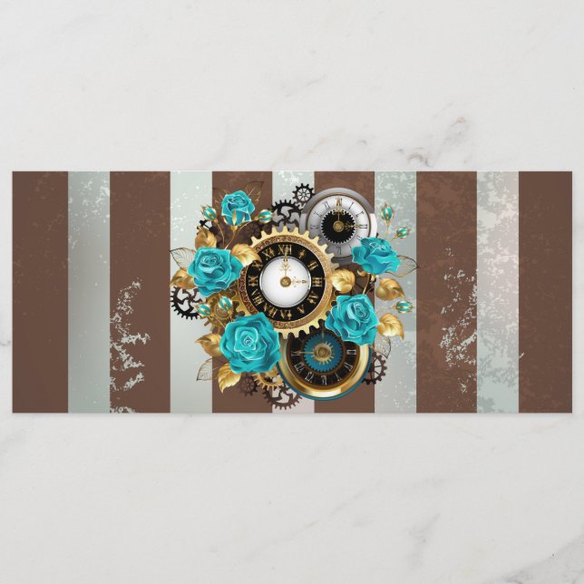 Steampunk Clock and Turquoise Roses on Striped Advice Card (Front)