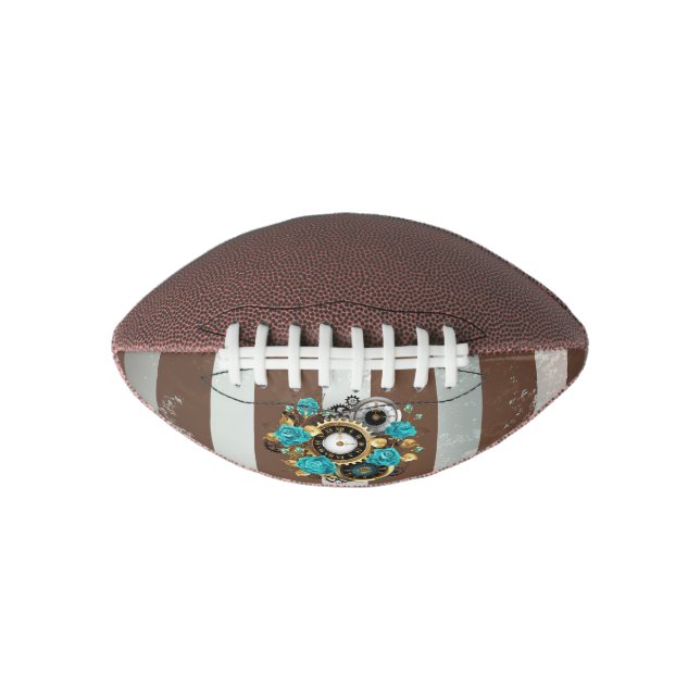 Steampunk Clock and Turquoise Roses on Striped American Football (Front)