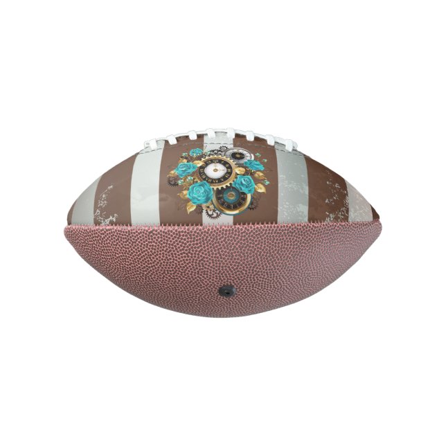 Steampunk Clock and Turquoise Roses on Striped American Football (Rotated 270)