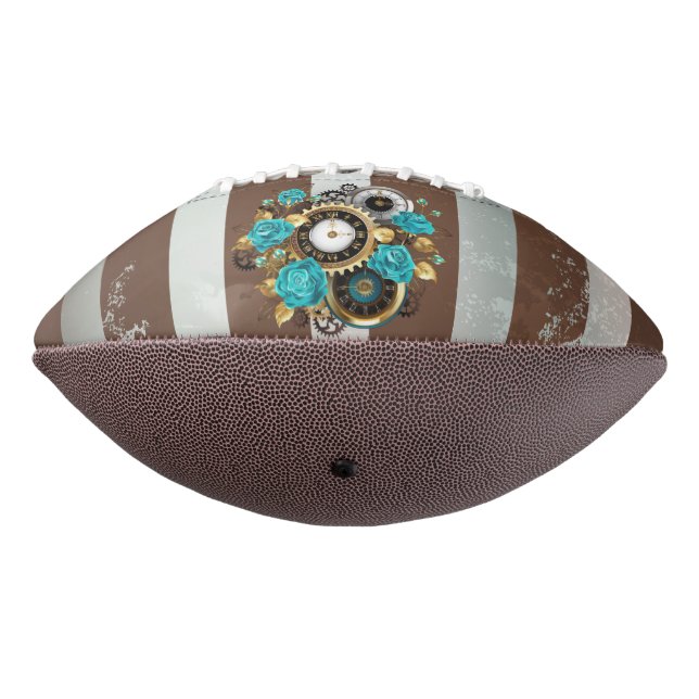 Steampunk Clock and Turquoise Roses on Striped American Football (Rotated 270)