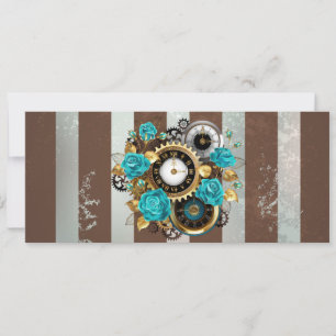 Steampunk Clock and Turquoise Roses on Striped Announcement