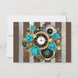 Steampunk Clock and Turquoise Roses on Striped Announcement