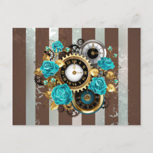 Steampunk Clock and Turquoise Roses on Striped Announcement Postcard