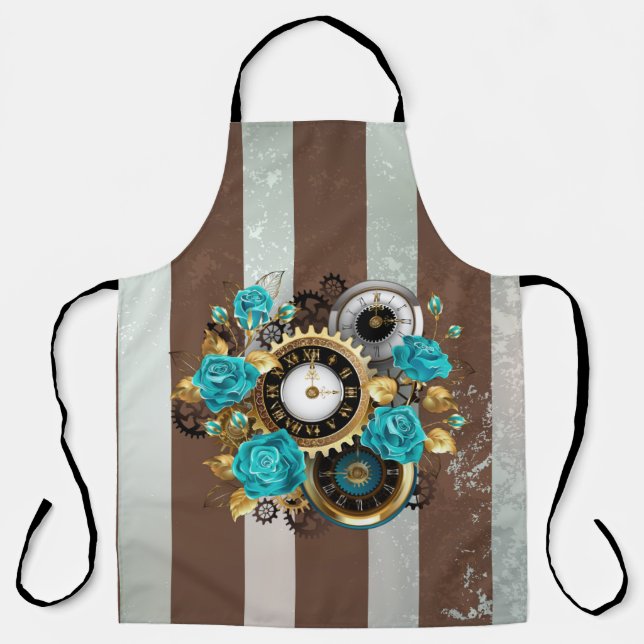 Steampunk Clock and Turquoise Roses on Striped Apron (Front)