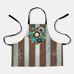 Steampunk Clock and Turquoise Roses on Striped Apron