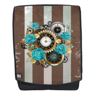 Steampunk Clock and Turquoise Roses on Striped Backpack