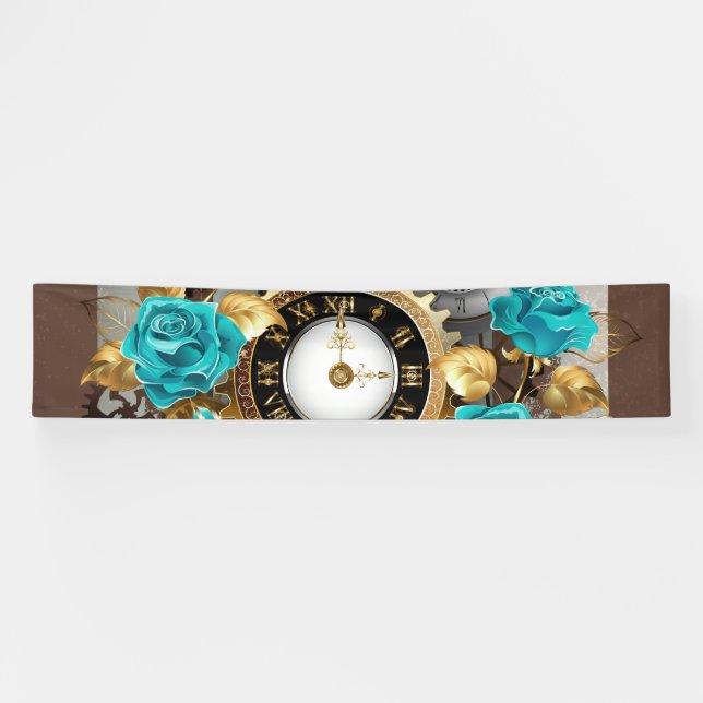 Steampunk Clock and Turquoise Roses on Striped Banner (Horizontal)