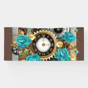 Steampunk Clock and Turquoise Roses on Striped Banner