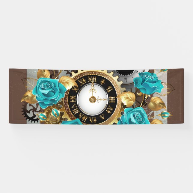 Steampunk Clock and Turquoise Roses on Striped Banner (Horizontal)