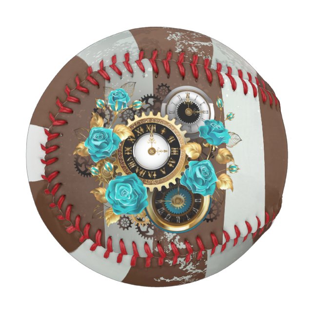 Steampunk Clock and Turquoise Roses on Striped Baseball (Front Left)