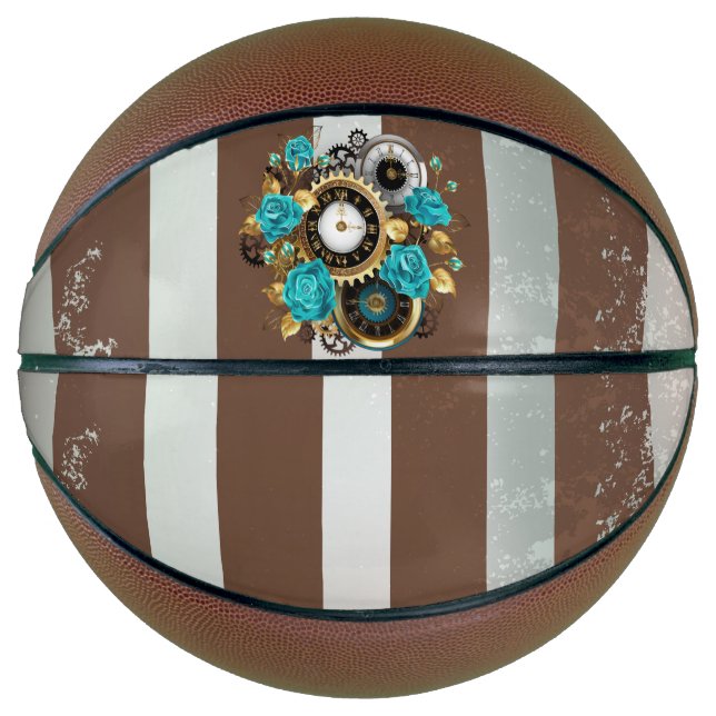Steampunk Clock and Turquoise Roses on Striped Basketball (Front)