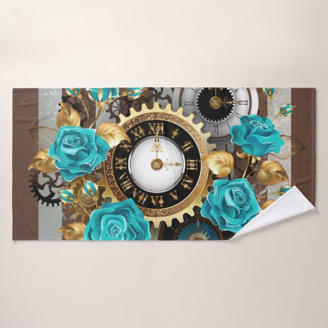 Steampunk Clock and Turquoise Roses on Striped Bath Towel (Bath Towel)