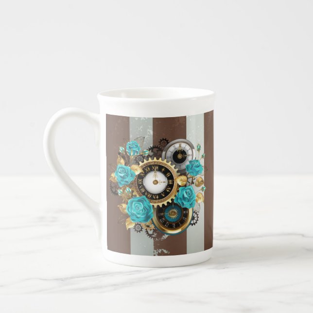 Steampunk Clock and Turquoise Roses on Striped Bone China Mug (Left)