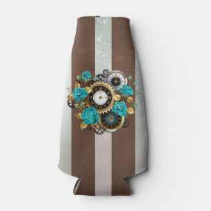 Steampunk Clock and Turquoise Roses on Striped Bottle Cooler