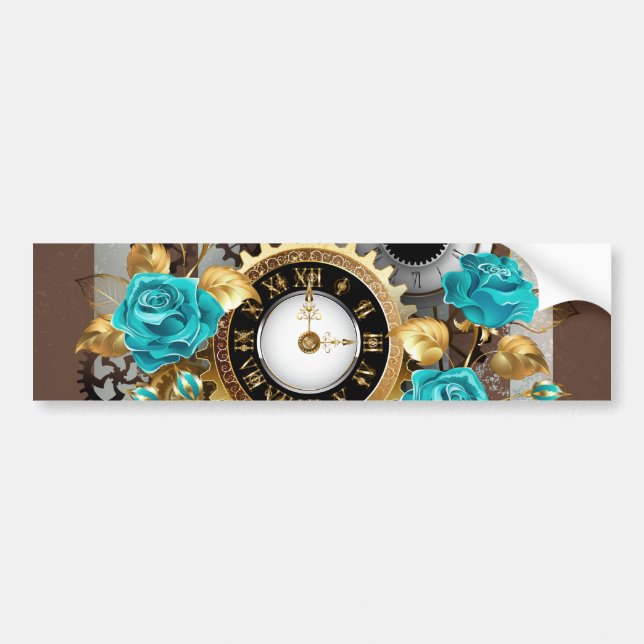 Steampunk Clock and Turquoise Roses on Striped Bumper Sticker (Front)