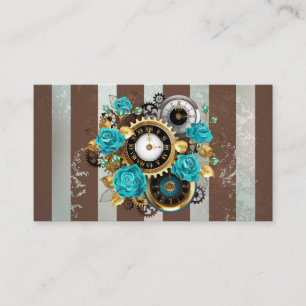 Steampunk Clock and Turquoise Roses on Striped Calling Card