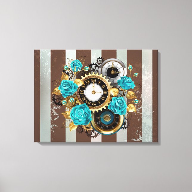 Steampunk Clock and Turquoise Roses on Striped Canvas Print (Front)