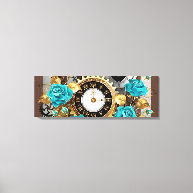Steampunk Clock and Turquoise Roses on Striped Canvas Print (Front)