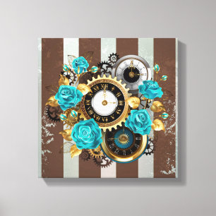 Steampunk Clock and Turquoise Roses on Striped Canvas Print