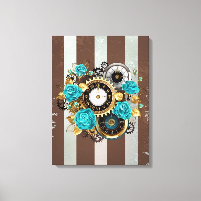 Steampunk Clock and Turquoise Roses on Striped Canvas Print (Front)
