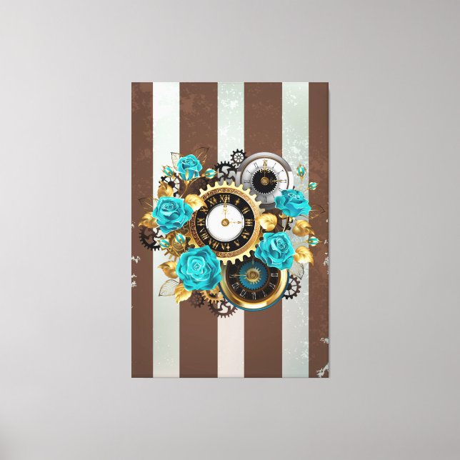 Steampunk Clock and Turquoise Roses on Striped Canvas Print (Front)