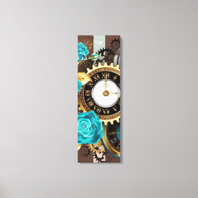 Steampunk Clock and Turquoise Roses on Striped Canvas Print (Front)