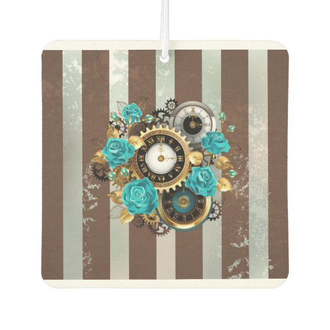 Steampunk Clock and Turquoise Roses on Striped Car Air Freshener (Front)