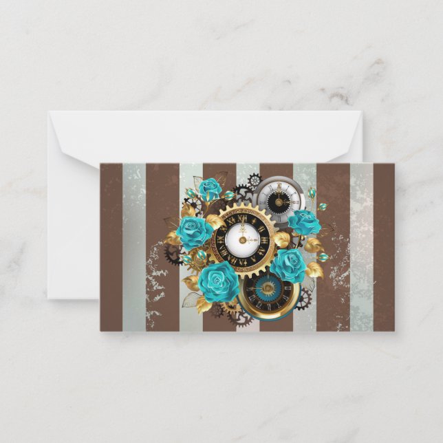 Steampunk Clock and Turquoise Roses on Striped Card (Front)