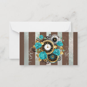 Steampunk Clock and Turquoise Roses on Striped Card