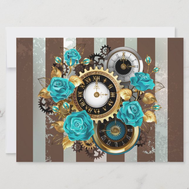Steampunk Clock and Turquoise Roses on Striped Card (Front)