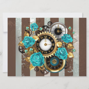 Steampunk Clock and Turquoise Roses on Striped Card