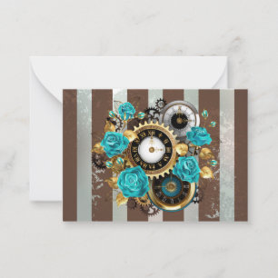 Steampunk Clock and Turquoise Roses on Striped Card