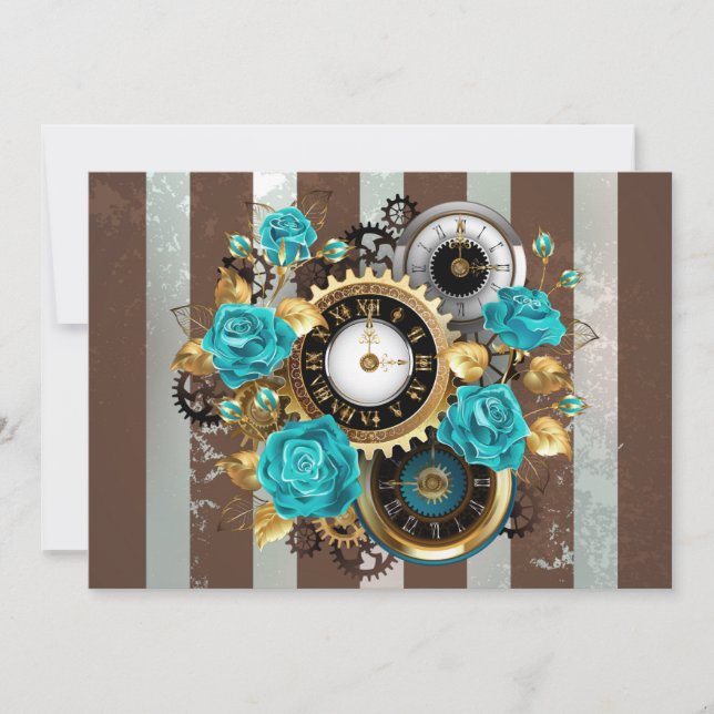 Steampunk Clock and Turquoise Roses on Striped Card (Front)