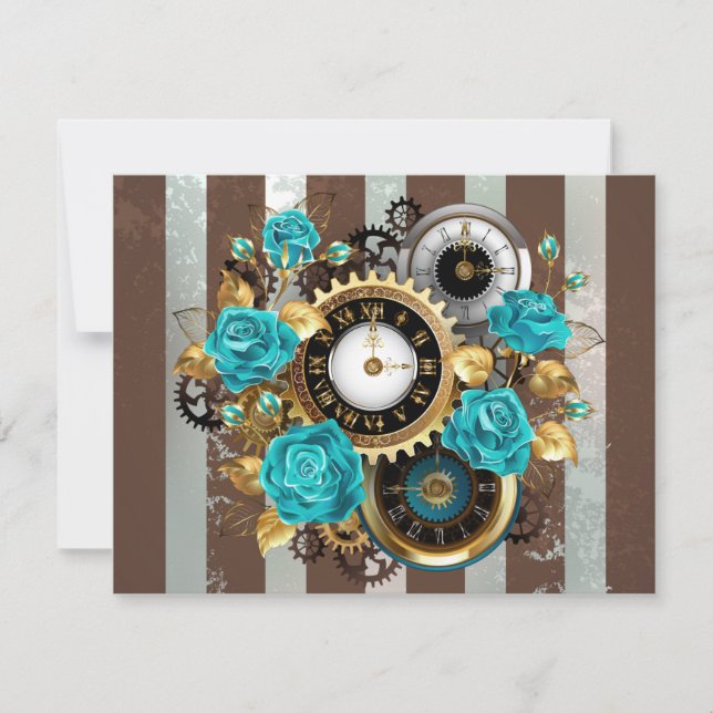 Steampunk Clock and Turquoise Roses on Striped Card (Front)