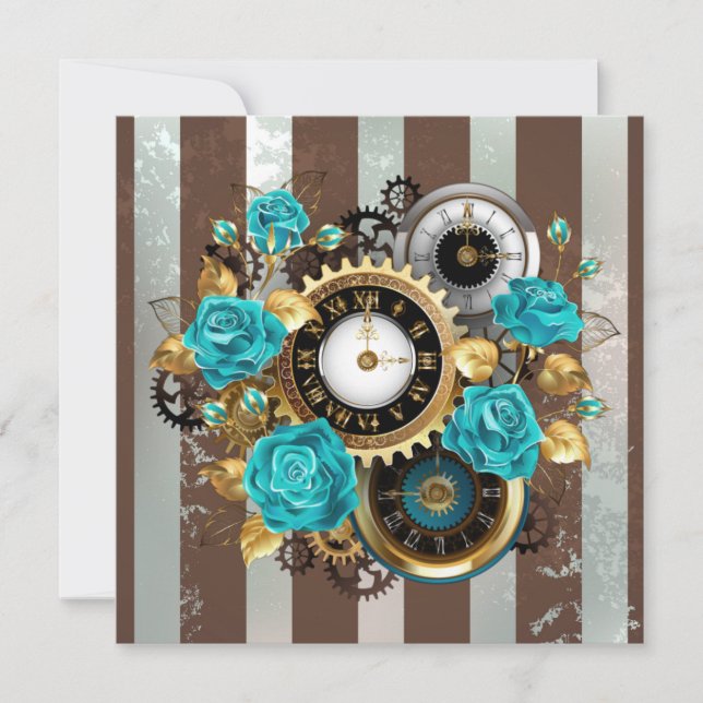 Steampunk Clock and Turquoise Roses on Striped Card (Front)