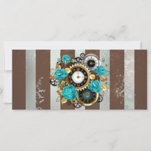 Steampunk Clock and Turquoise Roses on Striped Card