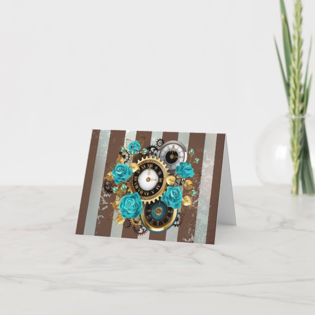 Steampunk Clock and Turquoise Roses on Striped Card (Front)