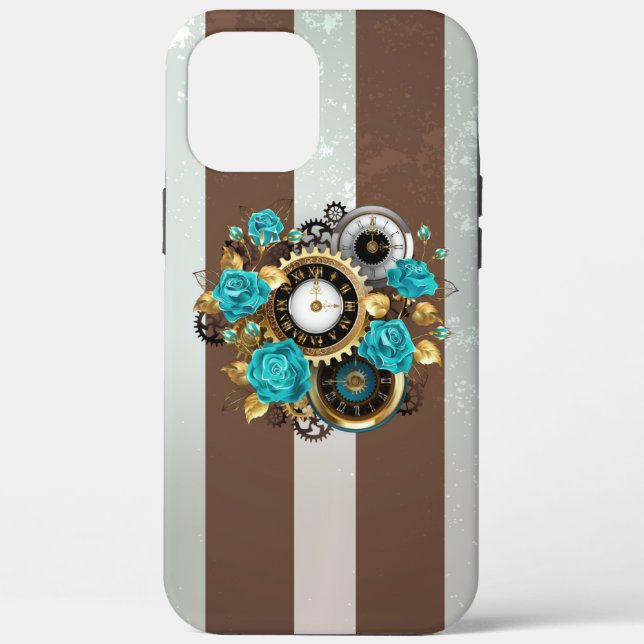 Steampunk Clock and Turquoise Roses on Striped Case-Mate iPhone Case (Back)