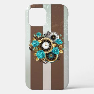 Steampunk Clock and Turquoise Roses on Striped iPhone 12 Pro Case