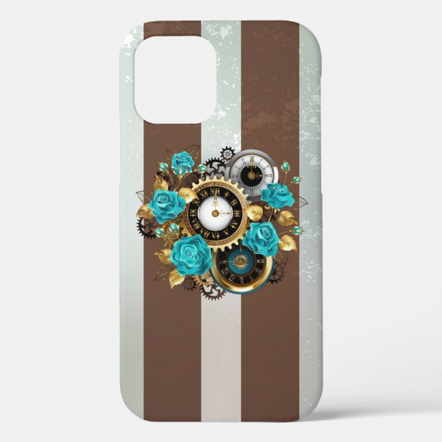 Steampunk Clock and Turquoise Roses on Striped Case-Mate iPhone Case (Back)