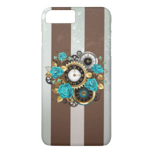 Steampunk Clock and Turquoise Roses on Striped iPhone 8 Plus/7 Plus Case